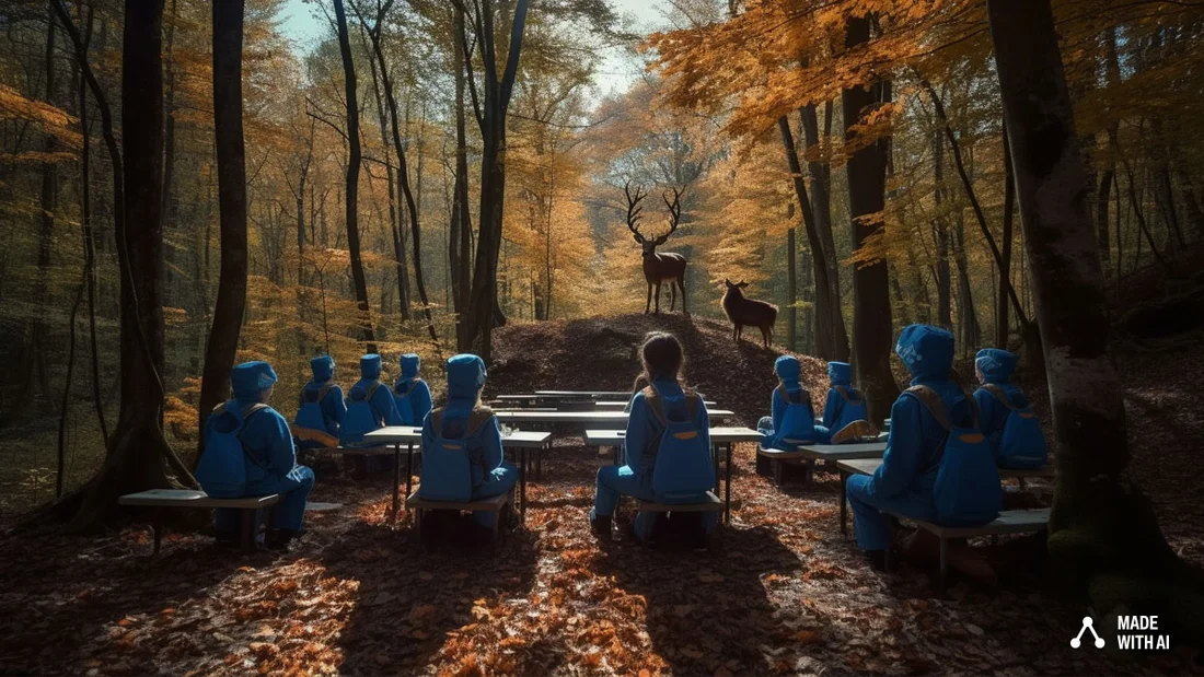 In einem Wald unterrichtet ein Hirsch eine Schulklasse.